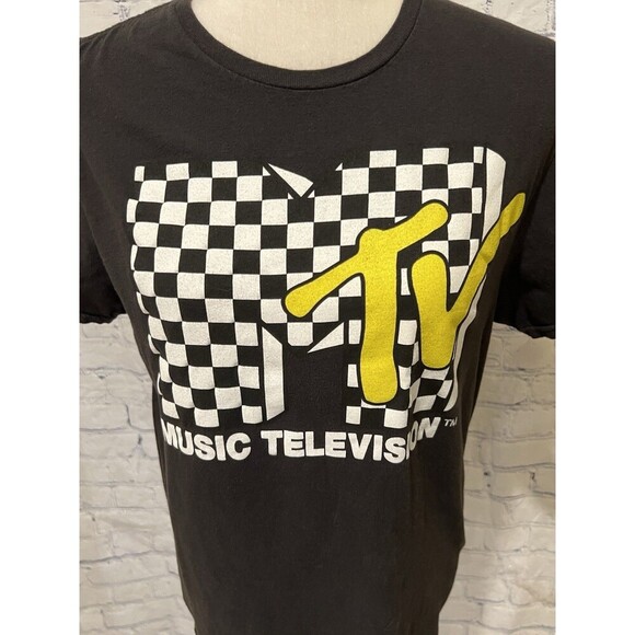 Classic MTV Logo Distressed Checkered Print Premium T-Shirt Medium - Picture 2 of 5